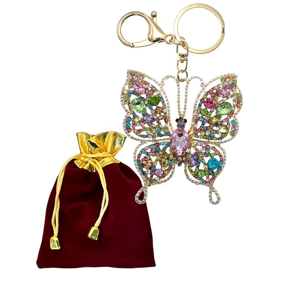 Intricate Pastel Butterfly Keychain Rhinestones & Gift Bag, Purse Jewelry, 5"L - Picture 2 of 5